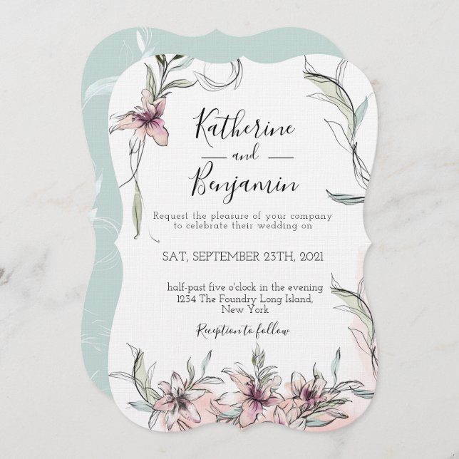 Pink Flowers Lilies Wedding Invitation (Front/Back)