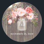 Pink Flowers Mason Jar Rustic Wedding Classic Round Sticker<br><div class="desc">Baby's breath and pink floral mason jar wedding seal</div>