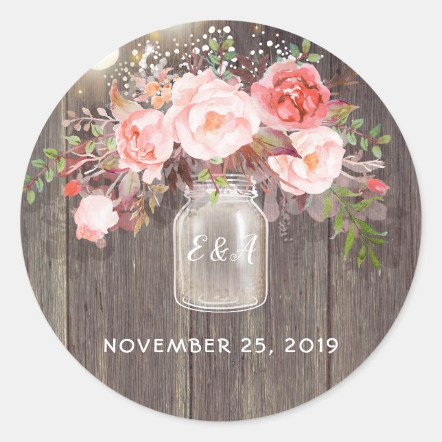Pink Flowers Mason Jar Rustic Wedding Classic Round Sticker (Front)