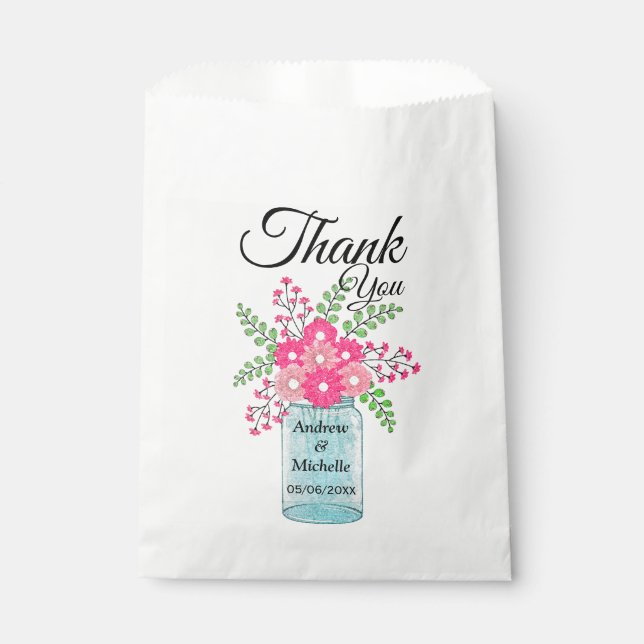 Pink Flowers Mason Jar Thank You Favour Bag (Front)