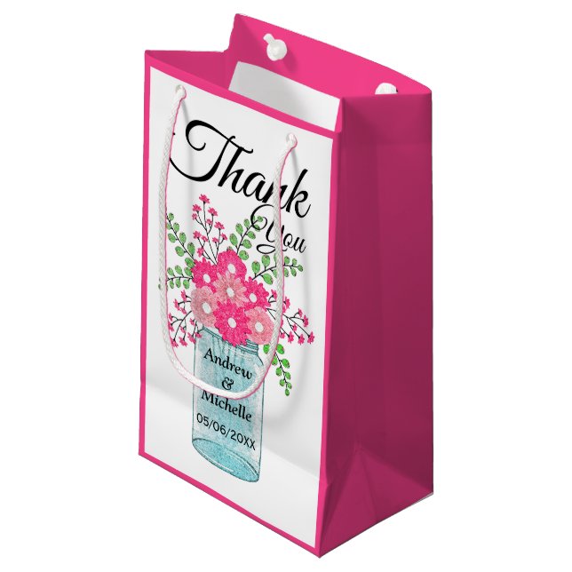 Pink Flowers Mason Jar Thank You Small Gift Bag (Front Angled)