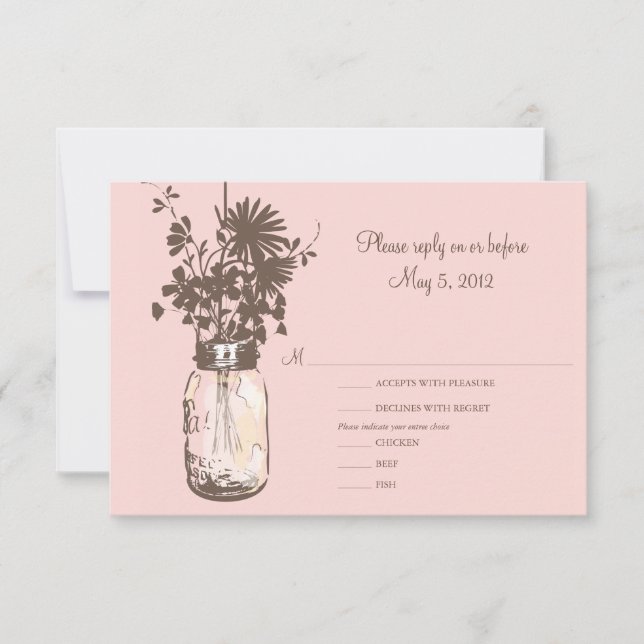 Pink Flowers & Mason Jar Wedding RSVP (Front)