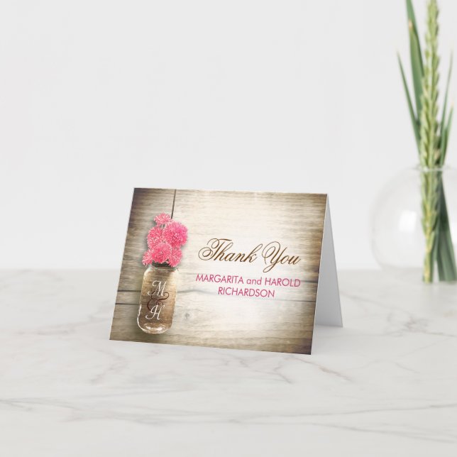 Pink flowers mason jar wedding thank you cards (Front)