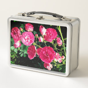 Pink flowers metal lunch box