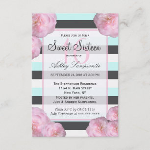 Pink Flowers & Mint, Charcoal Grey & White Stripes Invitation