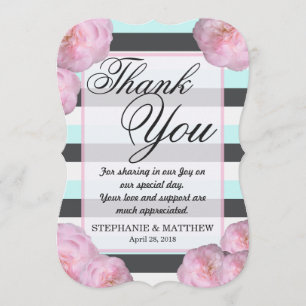 Pink Flowers & Mint, Charcoal Grey & White Stripes Thank You Card