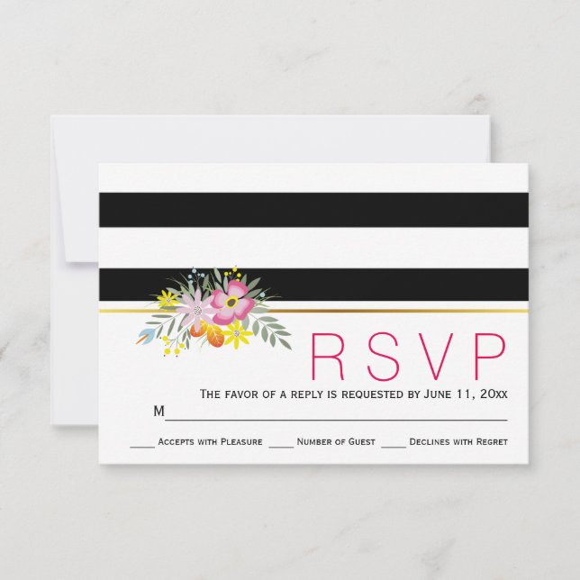 Pink flowers modern stripes floral wedding RSVP Card (Front)