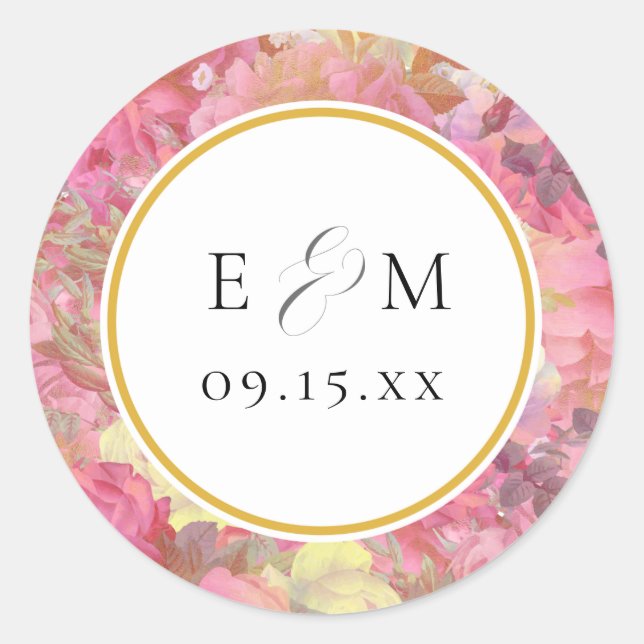 Pink Flowers Monogram Wedding Envelope Seals (Front)