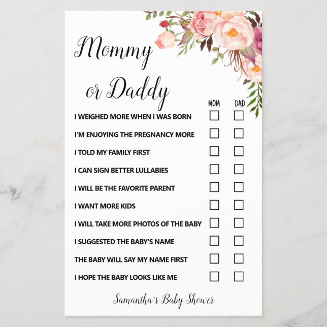 Pink Flowers Mum or Dad Said Baby Shower Game card (Front)