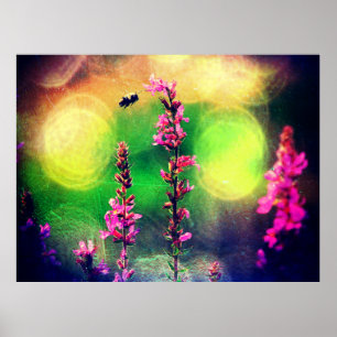 Pink Flowers N Bee Yellow Bokah Poster