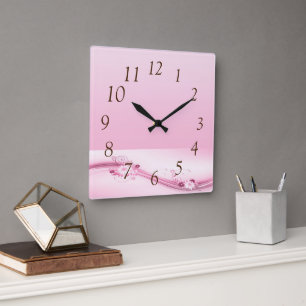 Pink Flowers n Waves Square Wall Clock