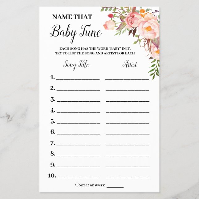 Pink Flowers Name that Baby Tune Shower Game Card (Front)