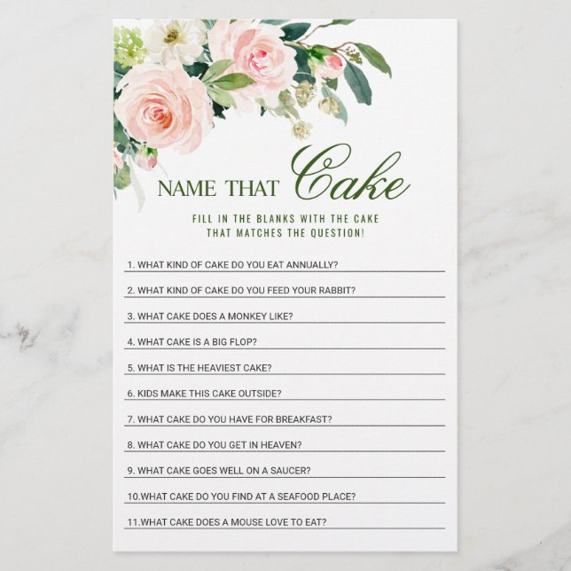 Pink Flowers Name That Cake Bridal Shower Game (Front)