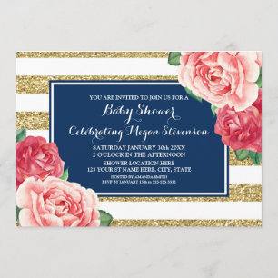 Pink Flowers Navy Blue Gold Stripes Baby Shower Invitation