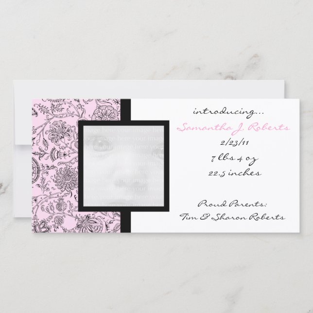 Pink Flowers New Baby Announcement Photo Cards (Front)