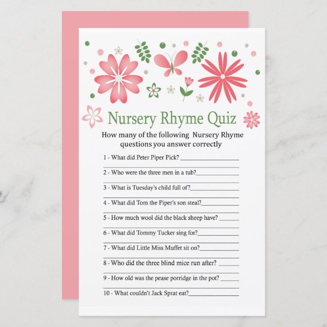 Pink Flowers Nursery Rhyme Quiz baby shower game (Front/Back)