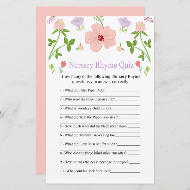 Pink Flowers Nursery Rhyme Quiz baby shower game (Front/Back)