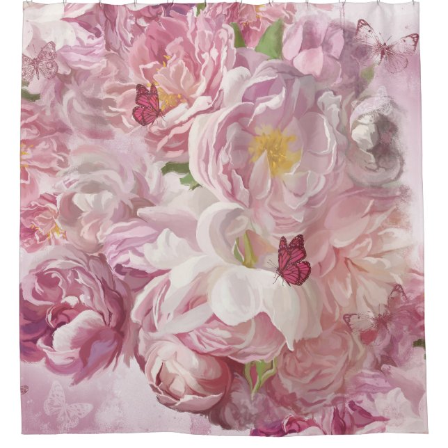 Pink Flowers Oil Painting: Delicate Shower Curtain (Front)