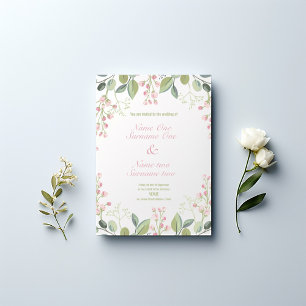 Pink flowers, olive leaves, garden wedding invitation