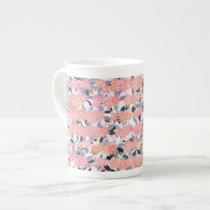 Pink flowers on a background of silver leaves bone china mug