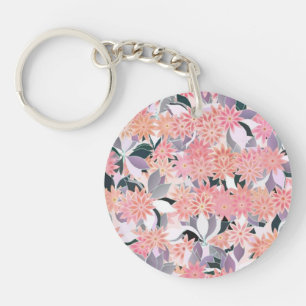 Pink flowers on a background of silver leaves key ring