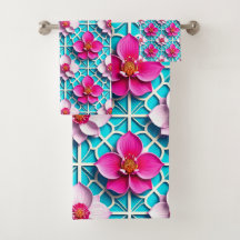 Pink Flowers on a Geometric Blue Background