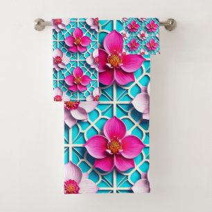 Pink Flowers on a Geometric Blue Background Bath Towel Set