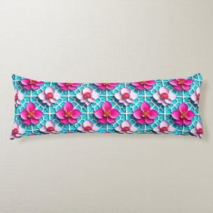 Pink Flowers on a Geometric Blue Background Body Cushion