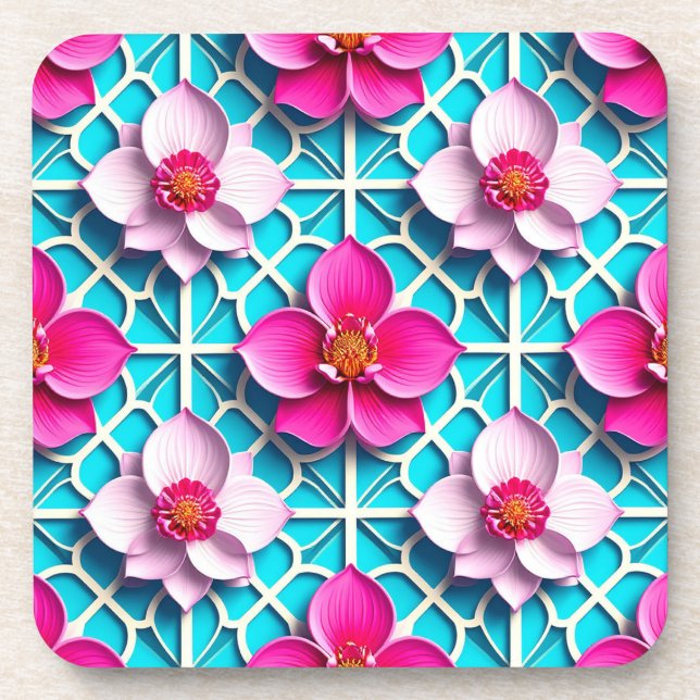 Pink Flowers on a Geometric Blue Background Coaster (Front)
