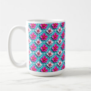 Pink Flowers on a Geometric Blue Background Coffee Mug