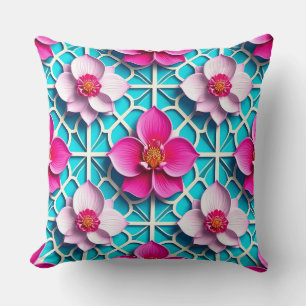 Pink Flowers on a Geometric Blue Background Cushion