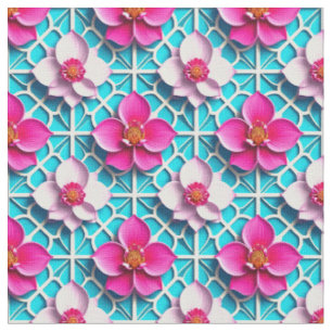 Pink Flowers on a Geometric Blue Background Fabric