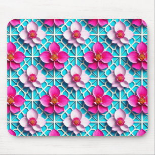 Pink Flowers on a Geometric Blue Background Mouse Pad