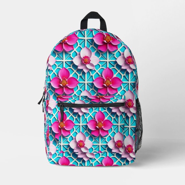 Pink Flowers on a Geometric Blue Background Printed Backpack (Front)