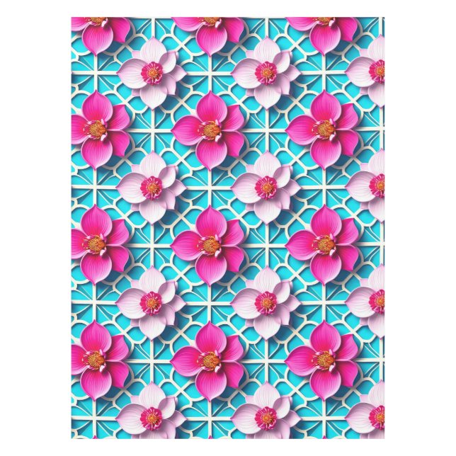 Pink Flowers on a Geometric Blue Background Tablecloth (Front)