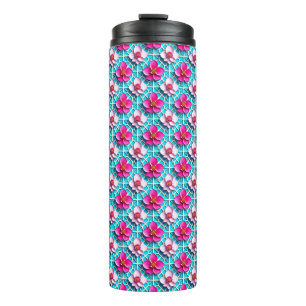 Pink Flowers on a Geometric Blue Background Thermal Tumbler