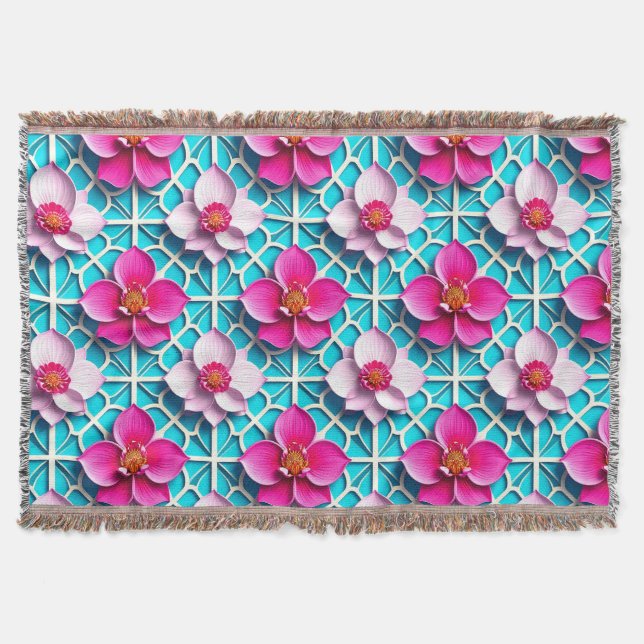 Pink Flowers on a Geometric Blue Background Throw Blanket (Front)