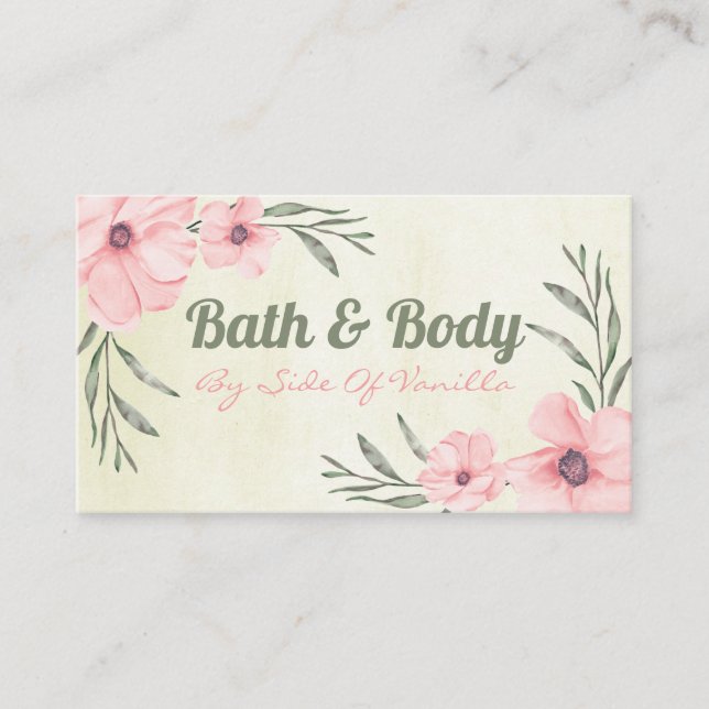 Pink Flowers On Beige Handmade Spa Bath & Body Business Card (Front)