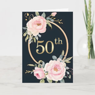 Pink Flowers on Black 50th Wedding Anniversary Card