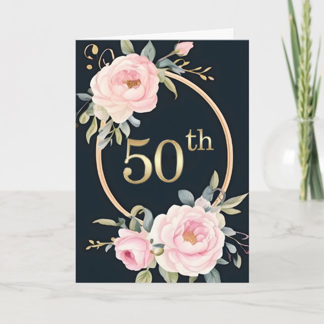 Pink Flowers on Black 50th Wedding Anniversary Card (Front)