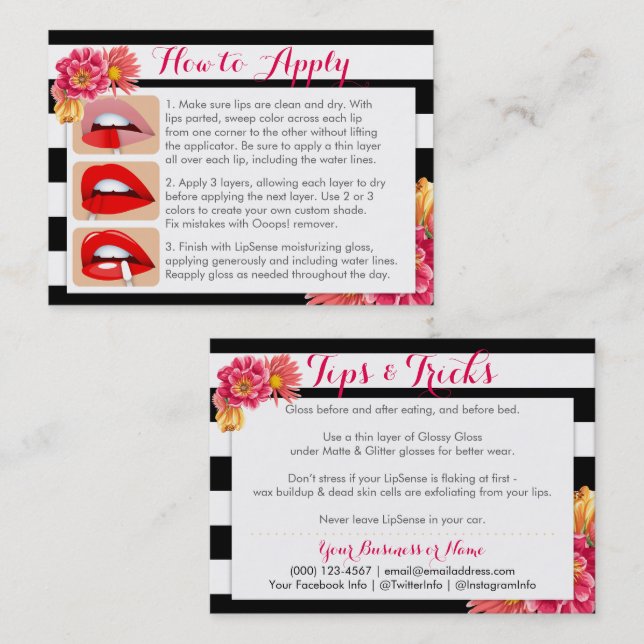Pink Flowers on Black and White Apply & Tips Card (Front/Back)