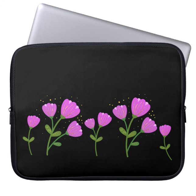 Pink Flowers on Black Laptop Sleeve (Front)