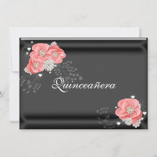 Pink Flowers on Black, Quinceañera,15th Birthday Invitation