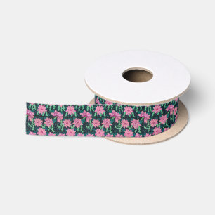 Pink Flowers on Black Satin Ribbon