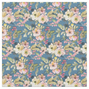 Pink Flowers on Blue Fabric   Floral Print Materia