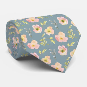 Pink Flowers on Blue Grey Neck Tie