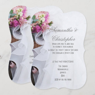 Pink flowers on brides dress wedding invitation
