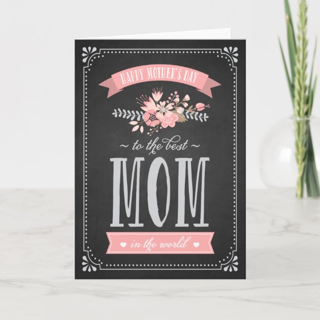Pink Flowers on Chalkboard | Mother's Day Card (Front)
