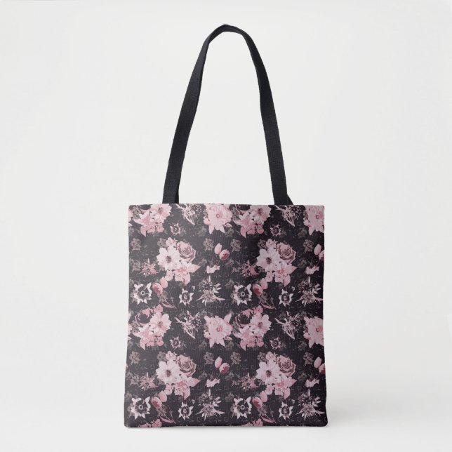 Pink flowers on dark background tote bag (Front)