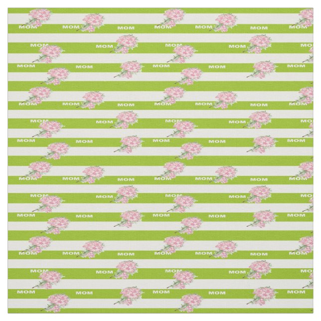 Pink flowers on green and white stripes fabric (Swatch)